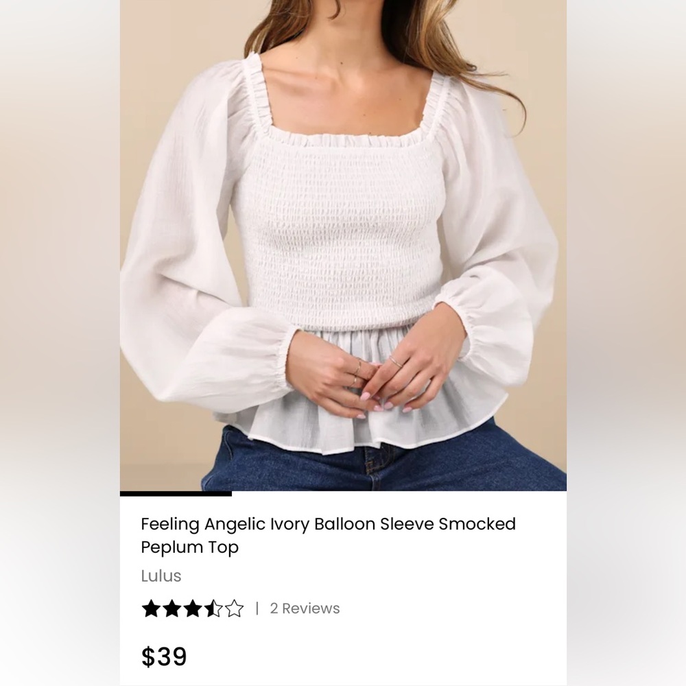 Lulu's White Balloon Sleeve Smocked Peplum Blouse SZ XL
